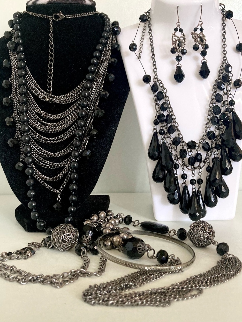 Black beaded 5 Necklaces 1 Earring 1 bracelet bundle Set of 7 glam goth jewelry